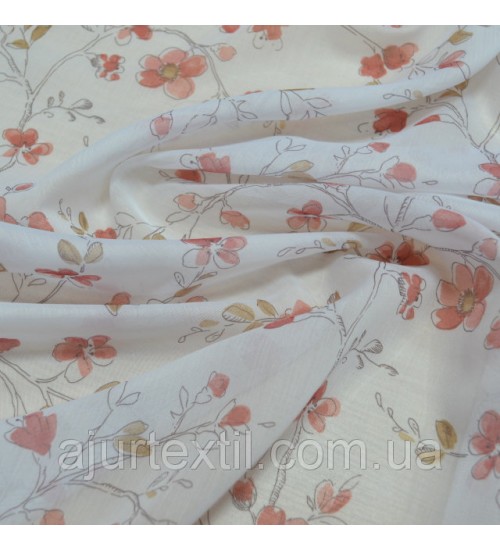 Тюль лен "Веточка сирени" темно красный