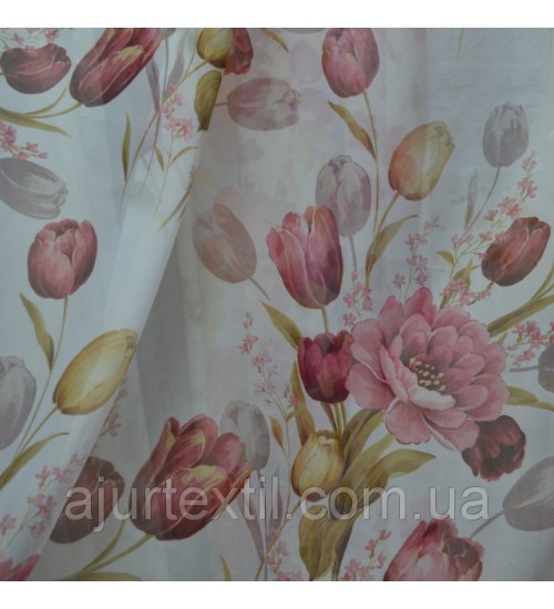 Тюль печать "Тюльпан Опал" с розовинкой"