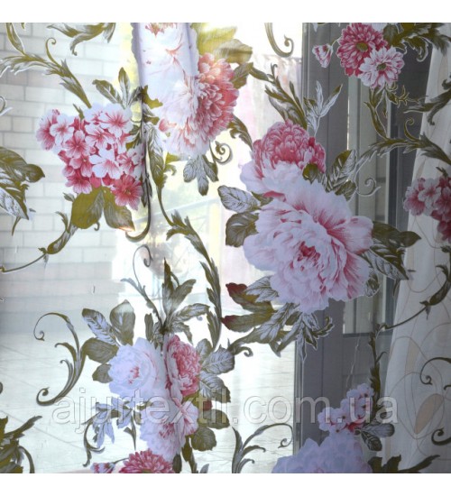 Тюль органза деворе "Королевский пион" розовый